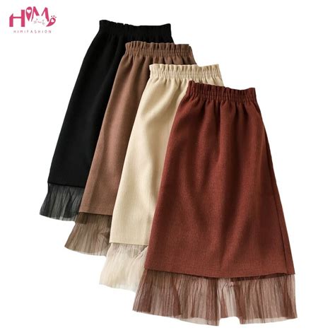 Autumn Winter Women Knitted Skirts Fashions Solid Mesh Patchwork High