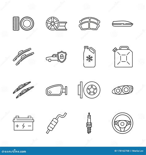 Auto Parts For Car Service Flat Line Icon Set Vector Illustrations To