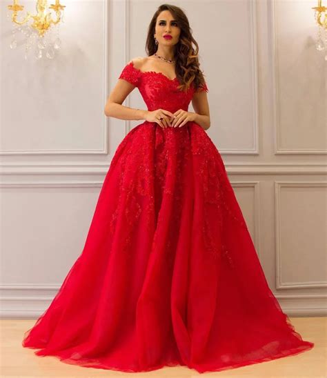 Zyllgf Bridal Princess Long Red Evening Dresses Off Shoulder Long Tulle Appliques Saudi Arabia