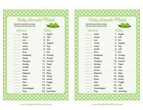 Baby Animals Match Baby Shower Game Peas In A Pod Baby Shower Theme