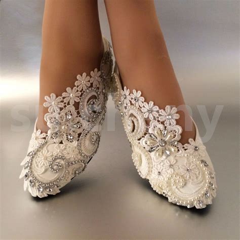 Whatever you're shopping for, we've got it. White / ivory pearls lace crystal Wedding shoes flat ...