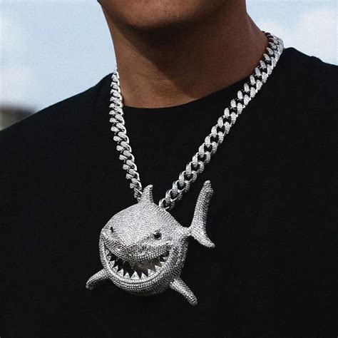 Iced Out Shark Pendant Necklace Full Of Crystal Bling Cz Stone For Men