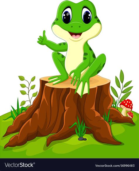 Cartoon Funny Frog Sitting On Tree Stump Vector Image