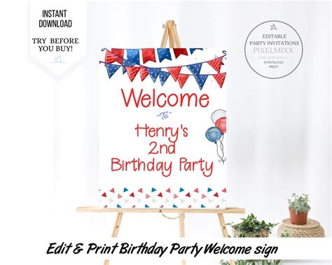 Printable Welcome Party Sign Red White And Blue Birthday Etsy