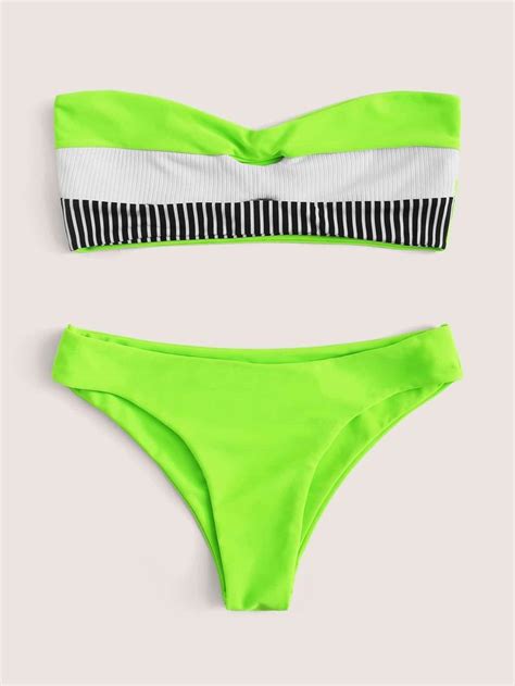 Neon Lime Green Contrast Bandeau Swimsuit Ribbed Bikini Bottom