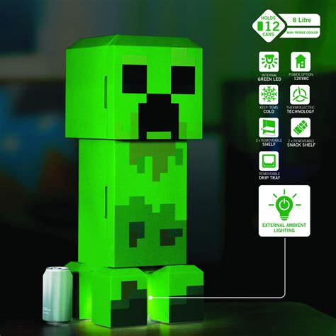 Minecraft Green Creeper Body 12 Can Mini Fridge 8l 2 Door Ambient