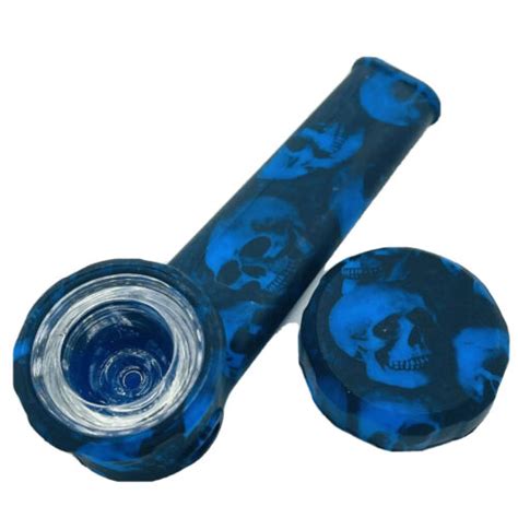 Silicone Smoking Pipe With Glass Bowl And Cap Lid Blue Skulls Ebay