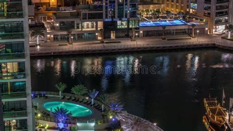 Waterfront Promenade In Dubai Marina Aerial Night Timelapse Dubai