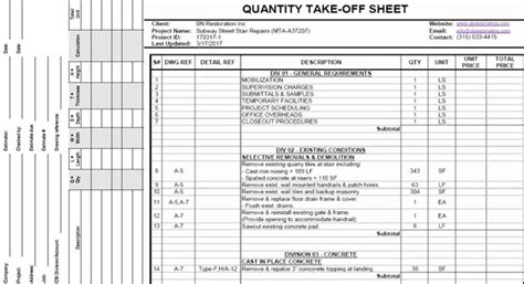 Quantity Take Off Sheets Download Quantity Takeoff Sheet