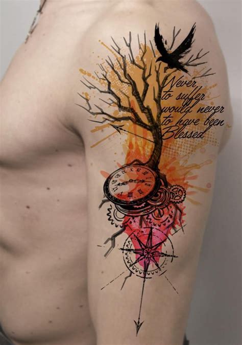 Watercolor Tattoo Leafless Tree Crow Compass Clock