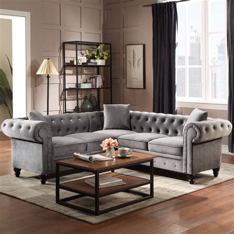 Living Room L Shape Sofa Tufted Velvet Upholstered Rolled Arm Classic