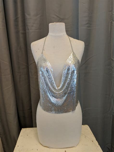 Metallic Silver Mesh Disco Glam Halter Top W Chain Strap And Etsy