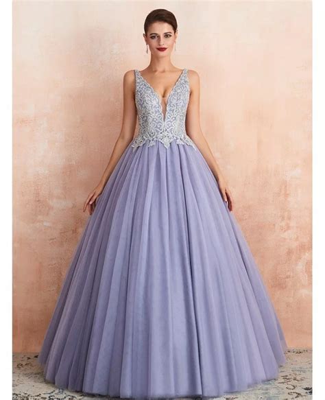 Low Back Ballgown Lavender Color Wedding Dress With Beaded Lace