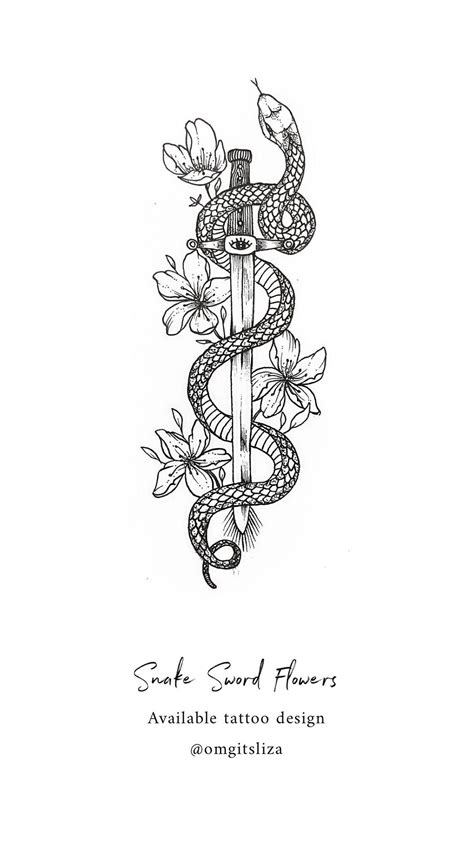Snake Sword Flowers Tattoo Design Illustration By Liza Sie