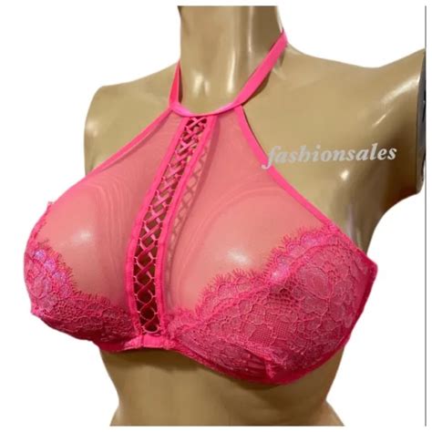 Victorias Secret Very Sexy High Neck Sheer Mesh Unlined Bralette Bra Pink Picclick