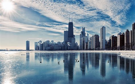 배경 화면 시카고 일리노이 도시 풍경 강 고층 빌딩 황혼 겨울 얼음 1920x1200 Hd 그림 이미지