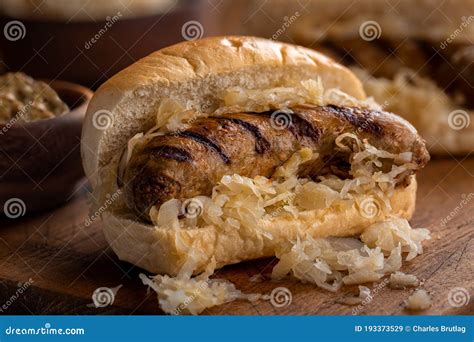 Grilled Bratwurst On A Bun Stock Image Image Of Wooden 193373529