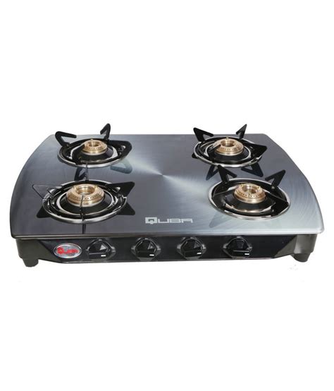 Quba Stainless Steel 4 Burners Black Powder Coated Mild Steel Body Gas Stove In Silver Color Arc