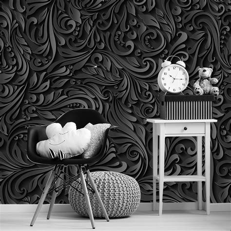 Dark Floral Wallpaper 3d Black And White Wallpaper Luxury Wall Etsy Uk