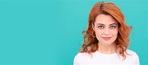 Smiling Redhead Woman With Curly Hair On Blue Background Woman Isolated Face Portrait Banner