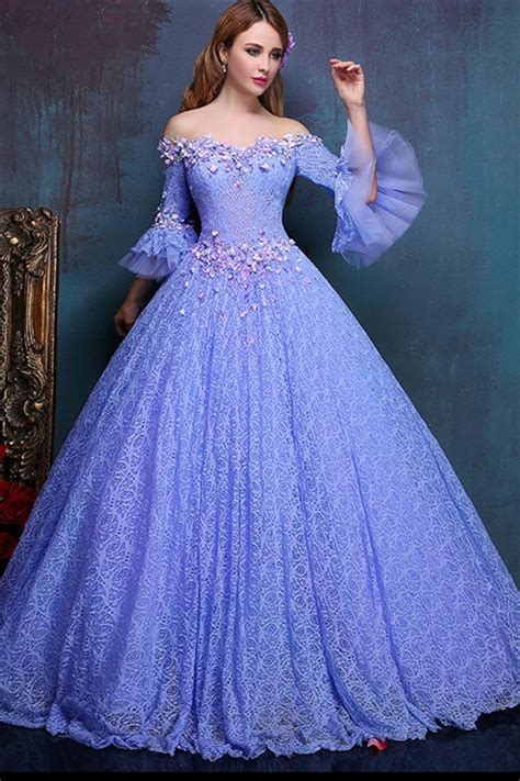 Fairy Ball Gown Off The Shoulder Flare Sleeve Lavender Lace Corset Prom