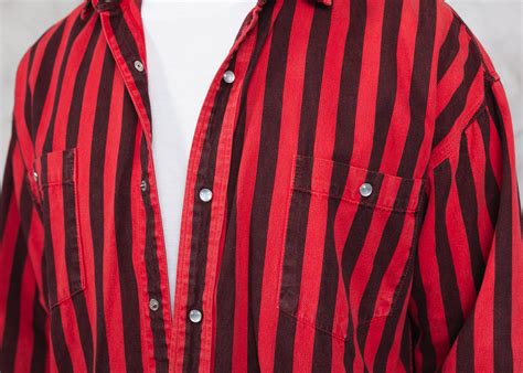 Vintage Striped Shirt Men Black And Red Stripe Shirt Thick Cotton