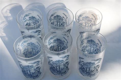 Royal Blue And White Currier And Ives Pattern Drinking Glasses Old Grist