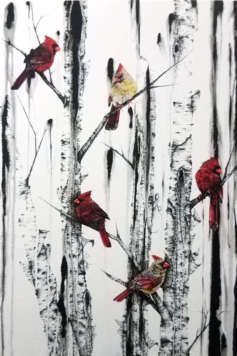 Cardinals And Birch Trees