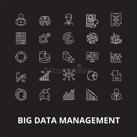 Big Data Management Editable Line Icons Vector Set On Black Background