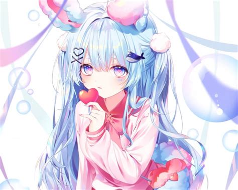 Wallpaper Cute Anime Girl Loli Twintails School Uniform Heart Bubbles Bunny Ears Aqua