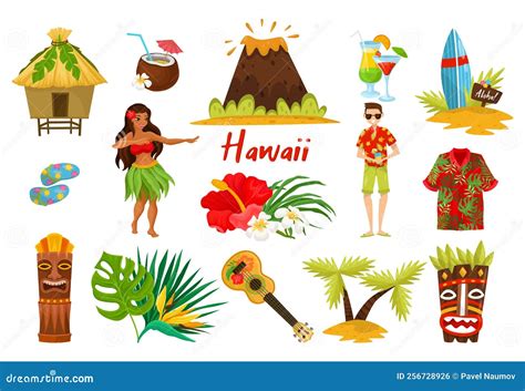 Traditional Hawaiian Symbols with Hibiscus Flower, Bungalow, Surfboard