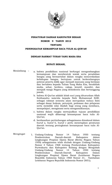 Peraturan Daerah Kabupaten Bekasi Nomor Tahun Tentang