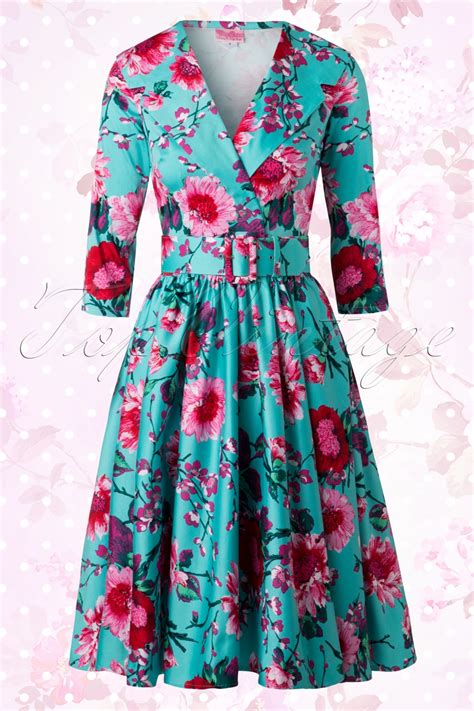 Birdie Floral Dress Années 50 En Turquoise Et Rose