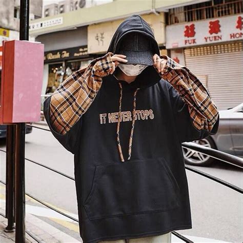 Plaid Hoodie Sweatshirt Mens Hip Hop Hoodies Streetwear Casual Autum