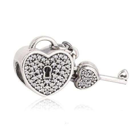 New Authentic 925 Sterling Silver Lock And Key Heart Dangle Charms Pave