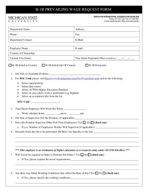 Fillable Online Oiss Isp Msu HSa H 1B PREVAILING WAGE REQUEST FORM