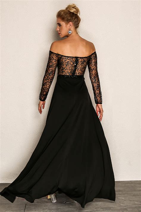 Sexy Black Long Sleeve Prom Dress Sequins Evening Gowns With Split