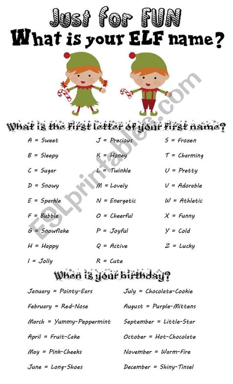 What Is Your Elf Name Just For Fun Esl Worksheet By
