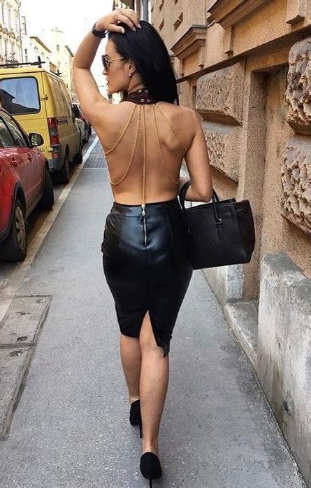 Sexy Street Fashion Naked Back Dress With Short Leather
