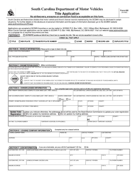 Printable South Carolina Dmv Form 400