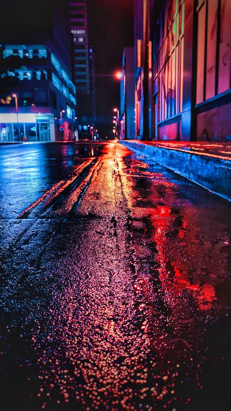 Download Wallpaper 1440x2560 Street Night Wet Neon City Qhd Samsung