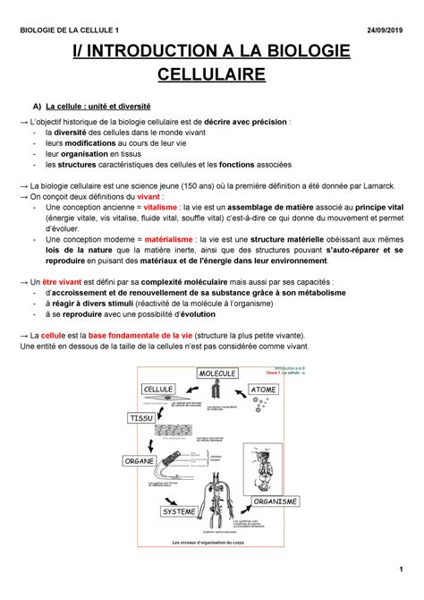 Introduction à La Biologie Cellulaire L1 Sdv S1 I Introduction A