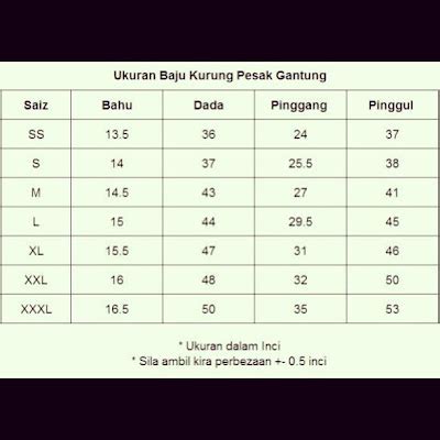 Kedai By Nuarozie Size Chart For Baju Kurung Pahang