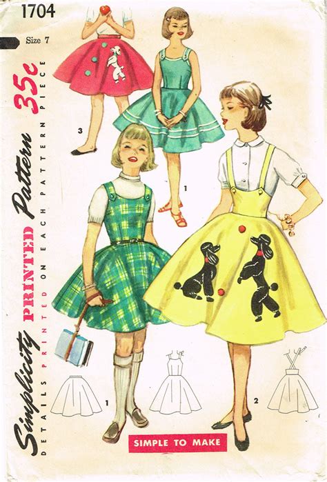 1950s Vintage Simplicity Sewing Pattern 1704 Girls Poodle Skirt Size 7