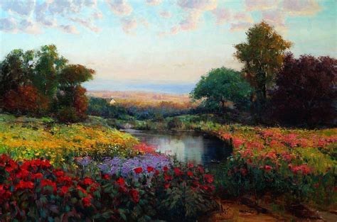 Hd Picture Landscape Oil Art Eric Wallis Meadow Lake Flowers Trees Sky