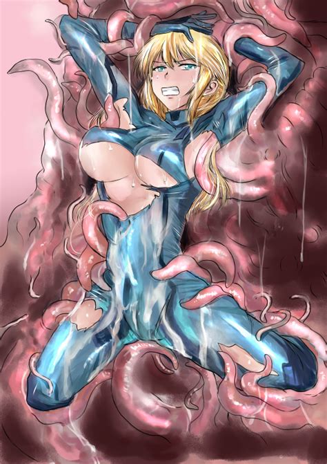 rule 34 arms up blonde hair bodysuit breasts clenched teeth flesh wall long hair metroid