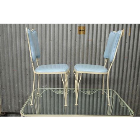 Vintage 5 Piece Blue Wrought Iron Patio Dining Set Table 4 Chairs Mid