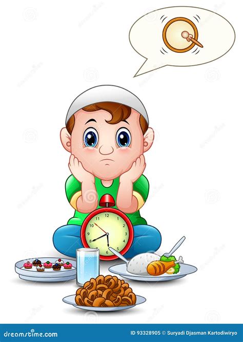 Muslim Kid Sit On The Floor While Wait Break Fasting With Some Food In