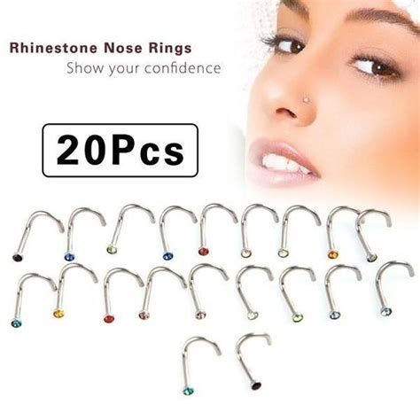 20pcs Colorful Stainless Steel Rhinestone Curved Nose Studs Rings Bars