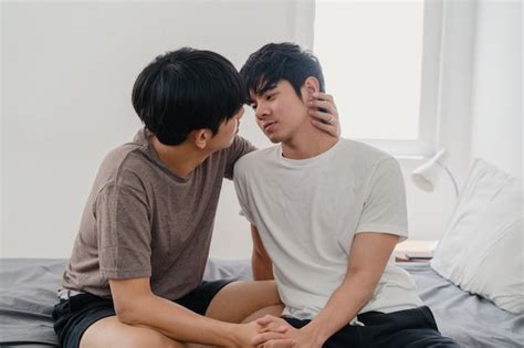 Free Photo Asian Gay Couple Kissing On Bed At Home Young Asian Lgbtq